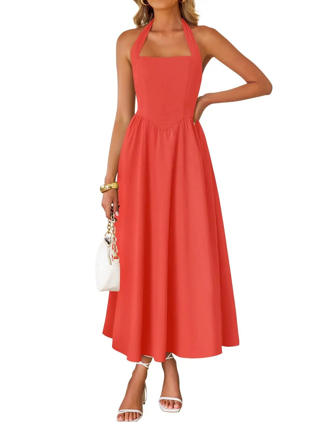 Coral Sleeveless Halter Neck Midi Dress For Women, High Waist Flowy Formal Gown Ideal For Wedding Guest Occasions
Coral Sleeveless Halter Neck Midi Dress For Women, High Waist Flowy Formal Gown Ideal For Wedding Guest Occasions