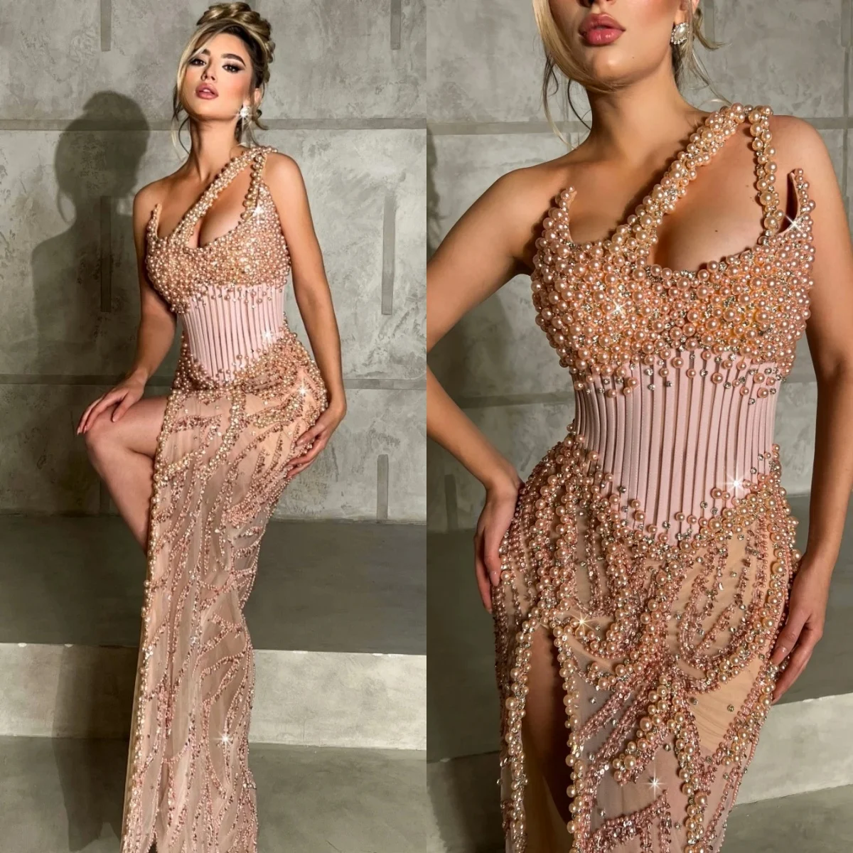 Luxury Pearls Evening Dresses Rhinestone Prom Dress High Split Illusion Sequins Customized Mermaid Party Gowns Vestidos De Noche
Luxury Pearls Evening Dresses Rhinestone Prom Dress High Split Illusion Sequins Customized Mermaid Party Gowns Vestidos De Noche