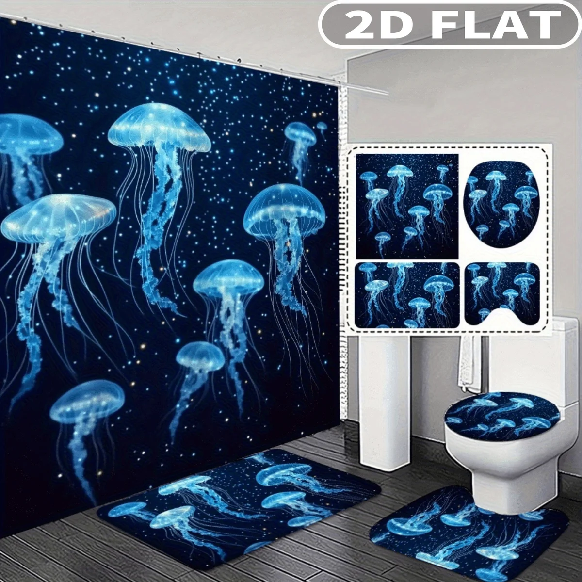4pcs 2D FLAT Blue Jellyfish Night Sky Pattern Shower Curtain Set, with 3pc Bath Mat and 1pc Curtains Perfect for Home Decor
4pcs 2D FLAT Blue Jellyfish Night Sky Pattern Shower Curtain Set, with 3pc Bath Mat and 1pc Curtains Perfect for Home Decor