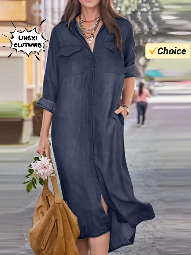 Women's Dress 2024 Summer New Casual Loose Fit Long Dress Round Neck Street Style Robe Korean Fashion Cotton Denim Long Dress
Women's Dress 2024 Summer New Casual Loose Fit Long Dress Round Neck Street Style Robe Korean Fashion Cotton Denim Long Dress