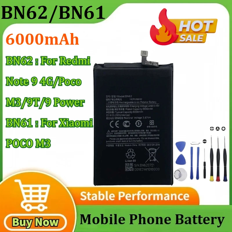 New BN62 BN61 6000mAh Battery for Xiaomi POCO M3 Redmi Note 9 Redmi 9T 4G for Poco Phone X3 Poco X3 Mobile Phone Batteries+Tools
New BN62 BN61 6000mAh Battery for Xiaomi POCO M3 Redmi Note 9 Redmi 9T 4G for Poco Phone X3 Poco X3 Mobile Phone Batteries+Tools