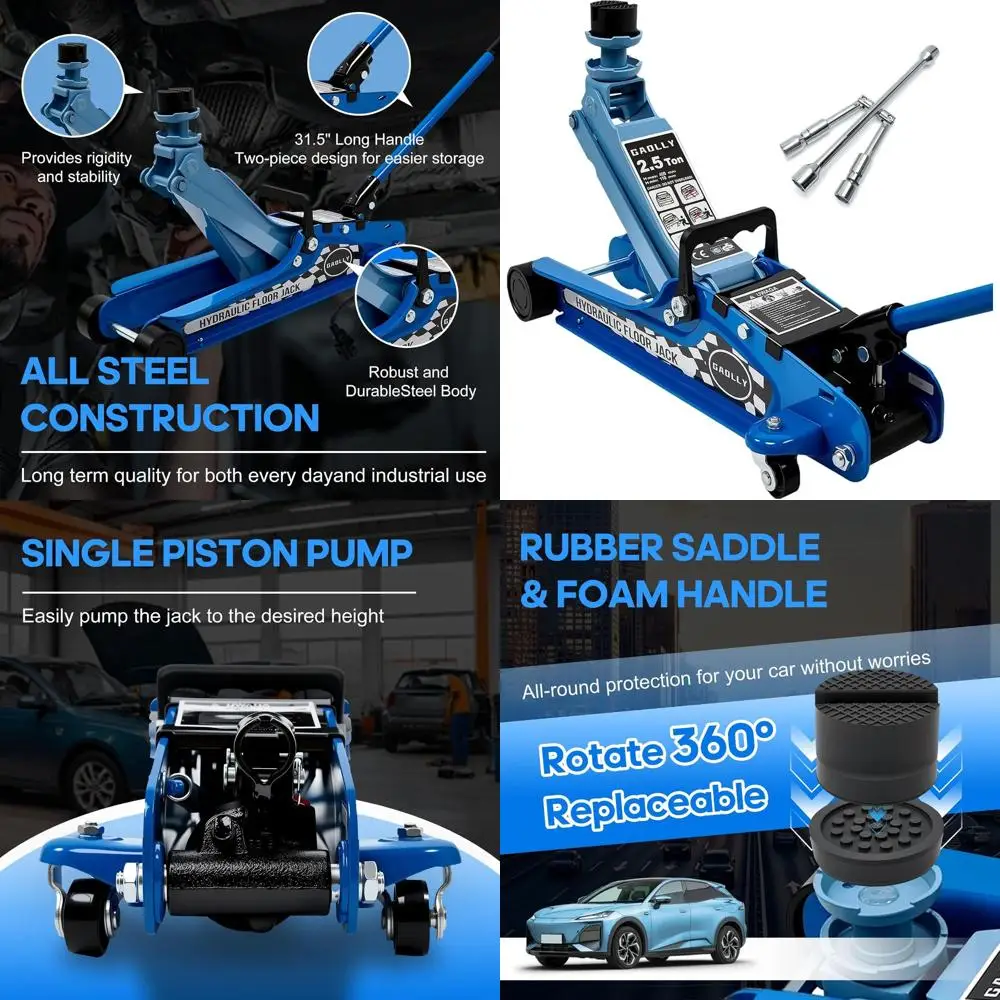 Low Profile 2.5 Ton Heavy-Duty Racing Floor Jack with Single Piston Pump and Lug Wrench, Lift Range 4.5-15.94 (Blue)
Low Profile 2.5 Ton Heavy-Duty Racing Floor Jack with Single Piston Pump and Lug Wrench, Lift Range 4.5-15.94 (Blue)