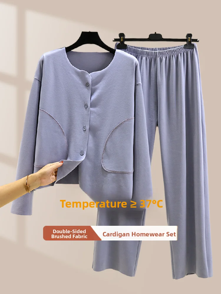Thick Winter Sleepwear Set Women's Long Sleeve round Neck Buttoned Cardigan Pajamas plus Size Fleece Lined Warm Ensemble
Thick Winter Sleepwear Set Women's Long Sleeve round Neck Buttoned Cardigan Pajamas plus Size Fleece Lined Warm Ensemble