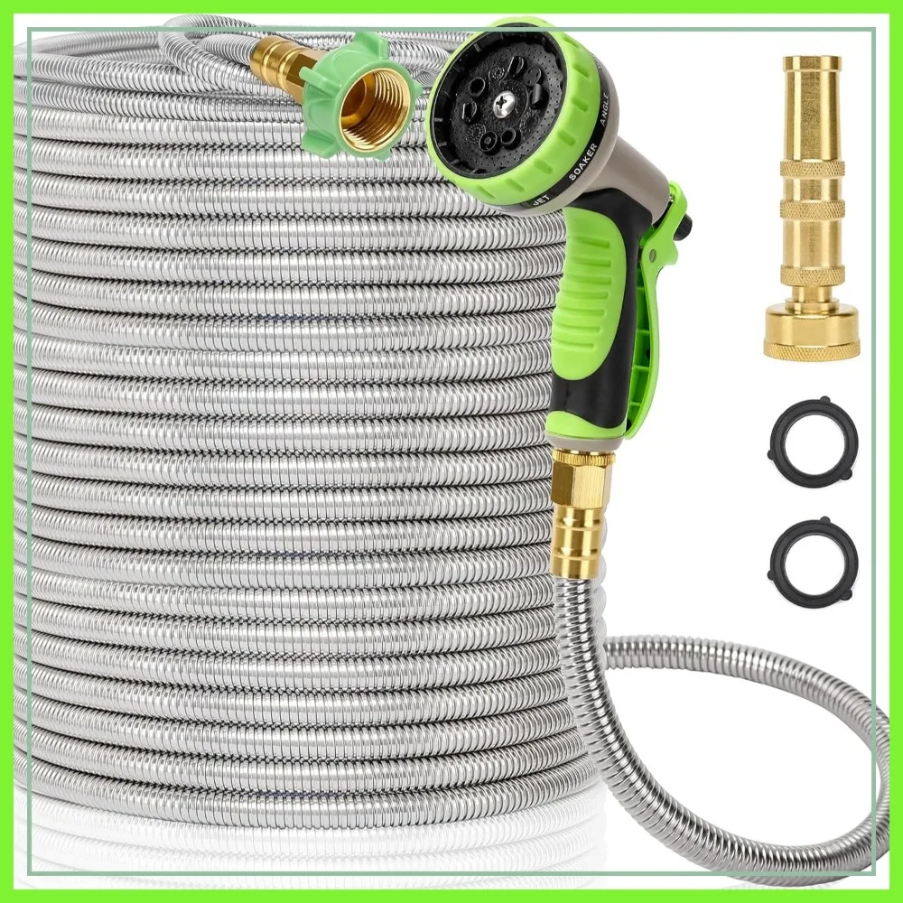 Metal Garden Hose 100FT, Stainless Steel Heavy Duty Water Hose with 10 Function Nozzle & Brass Nozzle, Sturdy, Lightweight, No Kink, Easy Use & Store
Metal Garden Hose 100FT, Stainless Steel Heavy Duty Water Hose with 10 Function Nozzle & Brass Nozzle, Sturdy, Lightweight, No Kink, Easy Use & Store