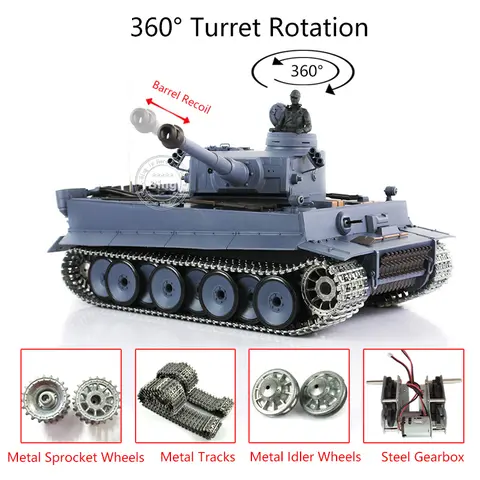 Upgraded Ver Heng Long TOUCAN 1/16 7.0 Upgrade Tiger I RC Tank 3818 360 Turret Barrel Retractable Metal Tracks Driving Motor