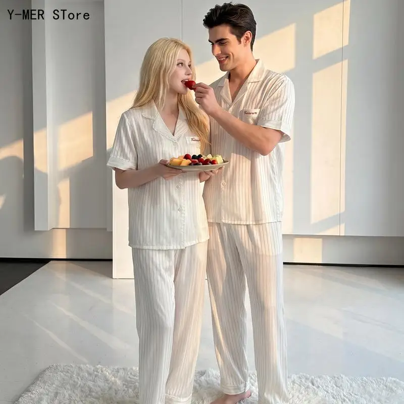 Women's Ice Silk Couple Pajamas, New Summer Short Sleeve Long Pants Set, Luxury Striped Loungewear, Elegant Ladies Home Clothes
Women's Ice Silk Couple Pajamas, New Summer Short Sleeve Long Pants Set, Luxury Striped Loungewear, Elegant Ladies Home Clothes