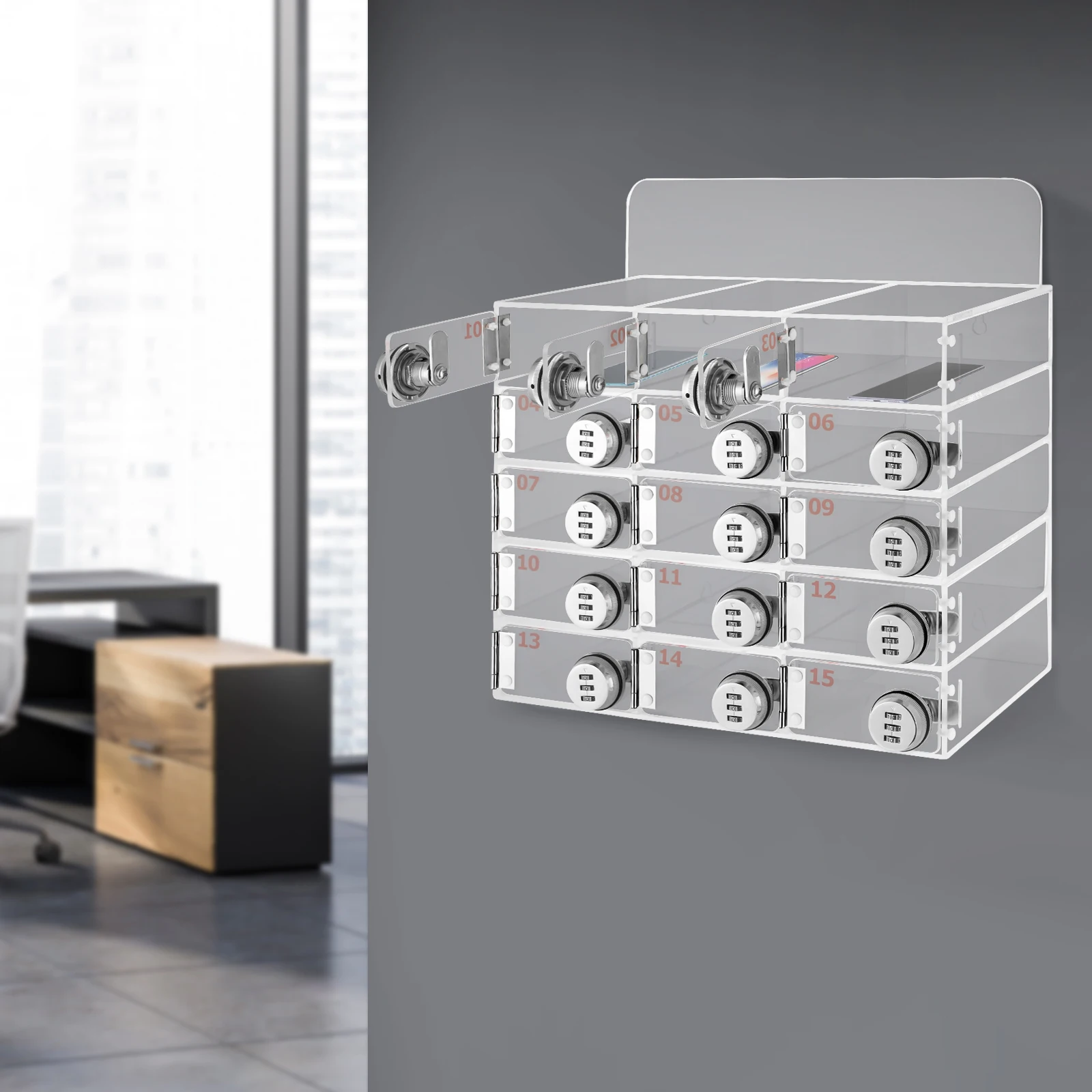 Rectangular 10*5*18cm Cell Phone Storage Locker 15 Compartments Wall-Mounted Cabinet Mounted Cell Phone Storage Cabinet
Rectangular 10*5*18cm Cell Phone Storage Locker 15 Compartments Wall-Mounted Cabinet Mounted Cell Phone Storage Cabinet