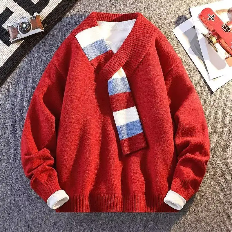 Мужской свитер с V-образным вырезом и шарфом, осенне-зимний, модный, брендовый, для подростков и студентов, вязаный, из красной пряжи, теплый, повседневный, стильный
Мужской свитер с V-образным вырезом и шарфом, осенне-зимний, модный, брендовый, для подростков и студентов, вязаный, из красной пряжи, теплый, повседневный, стильный