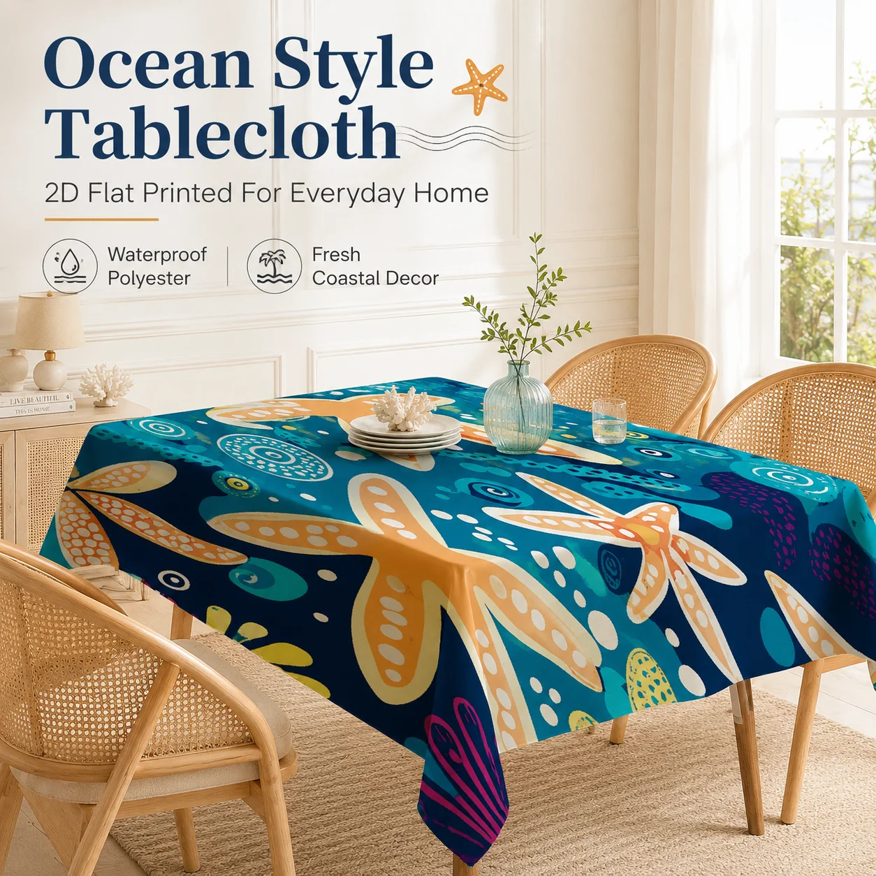 Waterproof Polyester Tablecloth 2D Flat Printed Sea Star Coral Table Cover Picnic Blanket Camping Mat For Summer Home Kitchen
Waterproof Polyester Tablecloth 2D Flat Printed Sea Star Coral Table Cover Picnic Blanket Camping Mat For Summer Home Kitchen