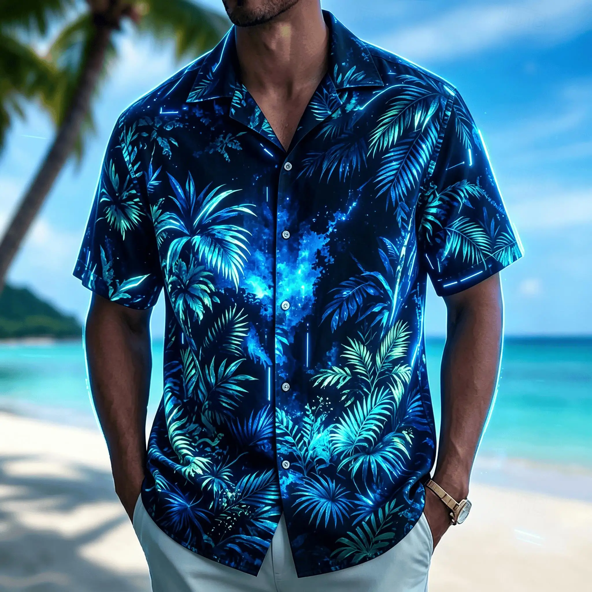 Men's Neon Tropical Palm Print Short Sleeve Shirt, Casual Hawaiian Button Down Top, Galaxy Night Vibes for Spring & Summer
Men's Neon Tropical Palm Print Short Sleeve Shirt, Casual Hawaiian Button Down Top, Galaxy Night Vibes for Spring & Summer
