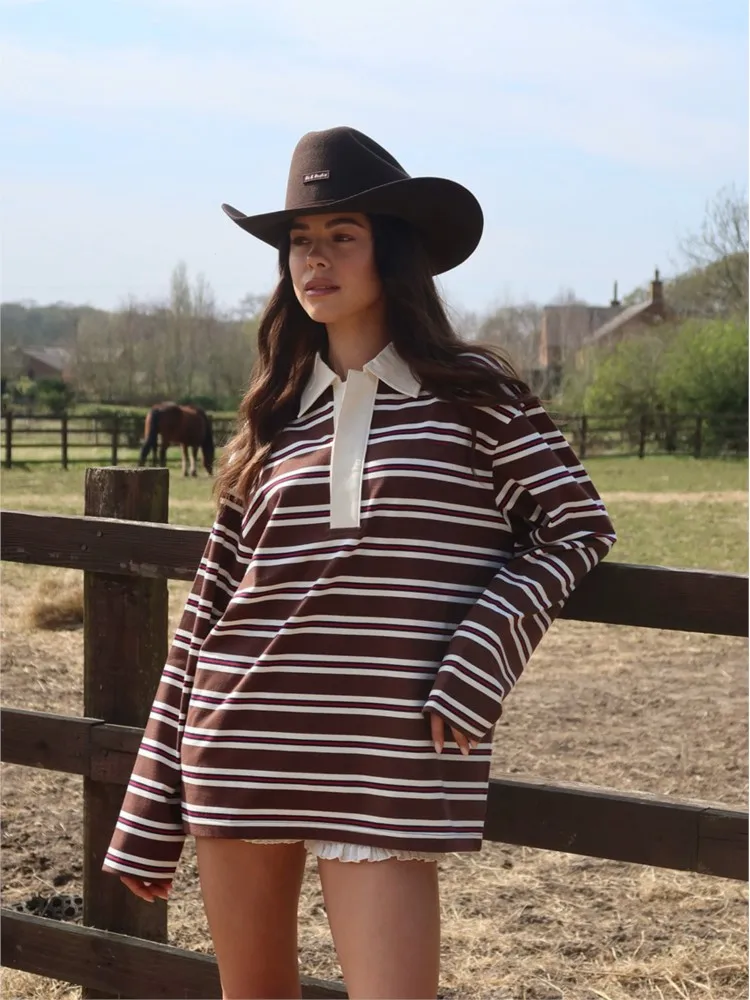 New Autumn Winter Casual Women Lapel Loose Striped Long Sleeve Polo Shirt, Vintage Rugby Sweatshirt Tops, Y2k Preppy Streetwear
New Autumn Winter Casual Women Lapel Loose Striped Long Sleeve Polo Shirt, Vintage Rugby Sweatshirt Tops, Y2k Preppy Streetwear