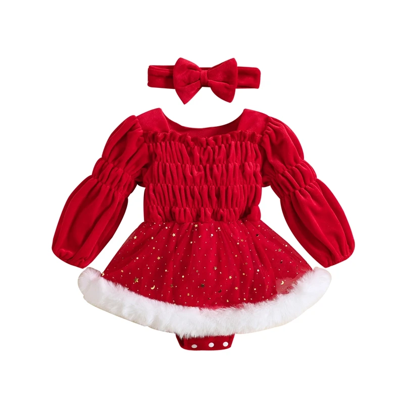 Baby Girls Christmas Casual Romper Dress Newborn Infant Red Long Sleeve Star Moon Print Ruched Jumpsuit with Headband
Baby Girls Christmas Casual Romper Dress Newborn Infant Red Long Sleeve Star Moon Print Ruched Jumpsuit with Headband