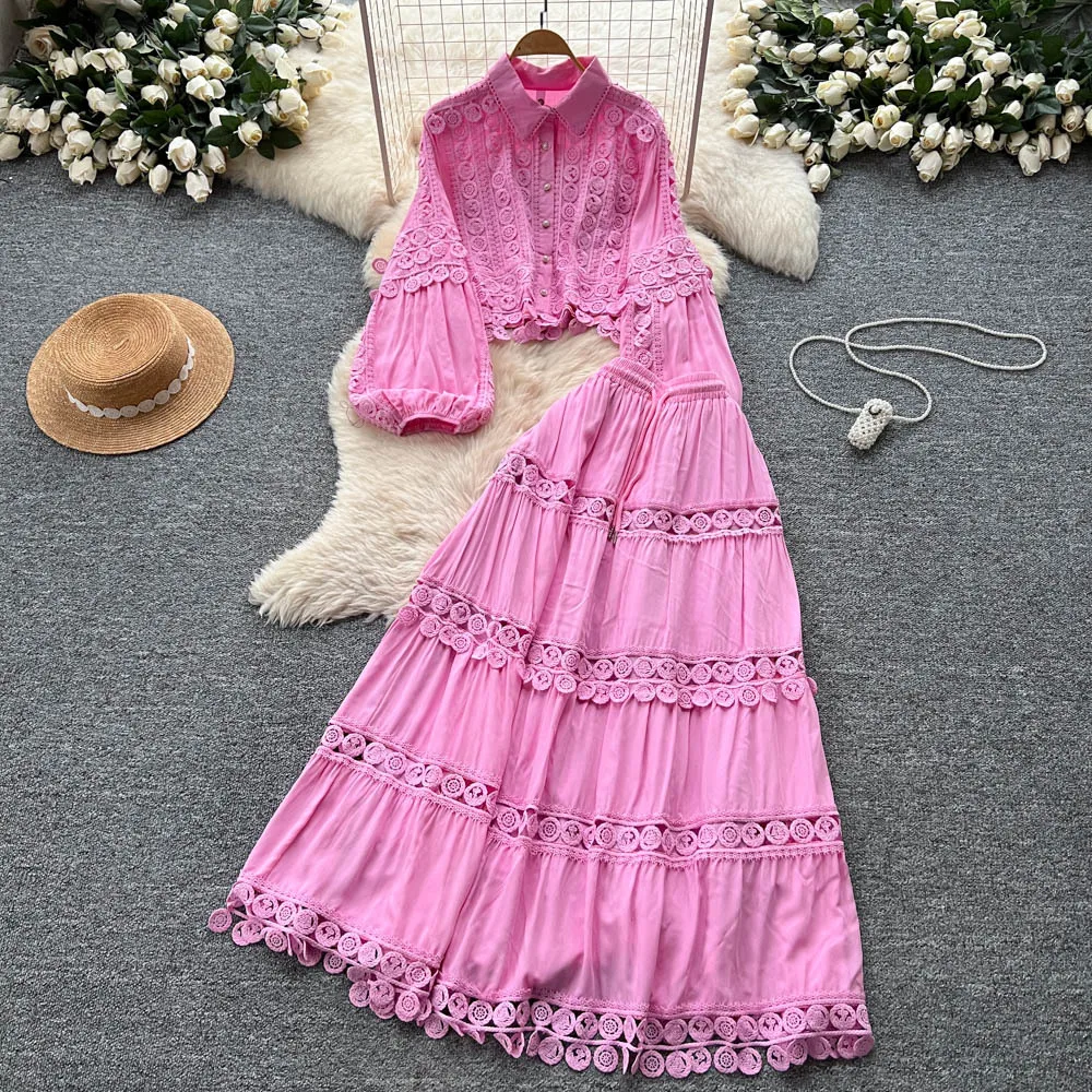 Two Pieces Women Dress Set Casual Matching Set Hollow Out Lace Lantern Sleeve Round Neck Shirt Empire Waist Skirt 2025 Autumn
Two Pieces Women Dress Set Casual Matching Set Hollow Out Lace Lantern Sleeve Round Neck Shirt Empire Waist Skirt 2025 Autumn