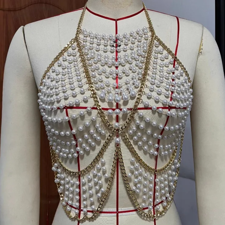 Luxury Gold Metal Chain Halter Vest Tank Tops Bra Chain Jewelry Multi-layer Plastic Pearls Breast Chain Summer Beach Sexy Tops
Luxury Gold Metal Chain Halter Vest Tank Tops Bra Chain Jewelry Multi-layer Plastic Pearls Breast Chain Summer Beach Sexy Tops