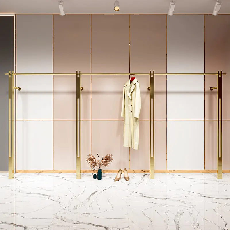 Clothing store display rack Wall-mounted stainless steel titanium hanging clothes rack Women's clothing store special display
Clothing store display rack Wall-mounted stainless steel titanium hanging clothes rack Women's clothing store special display