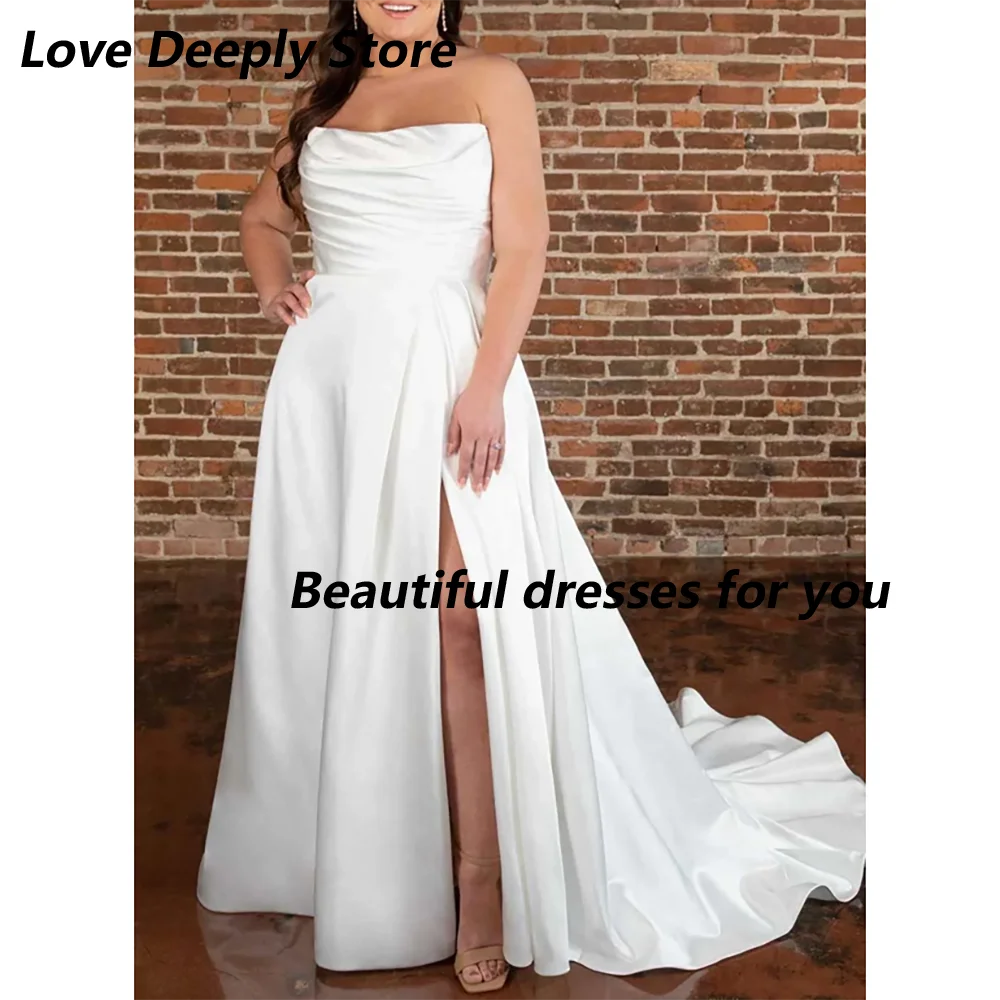 Women Plus Size Wedding Dress Customized A-Line Strapless Sleeveless Court Train Satin Bridal Gown High Split Bride Dresses
Women Plus Size Wedding Dress Customized A-Line Strapless Sleeveless Court Train Satin Bridal Gown High Split Bride Dresses
