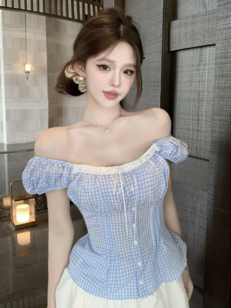 Blue Plaid Shirt Women's Summer Design Slimming Pure Desire Versatile Top Korean Style Bubble Sleeve Short Sleeve One Shoulder
Blue Plaid Shirt Women's Summer Design Slimming Pure Desire Versatile Top Korean Style Bubble Sleeve Short Sleeve One Shoulder