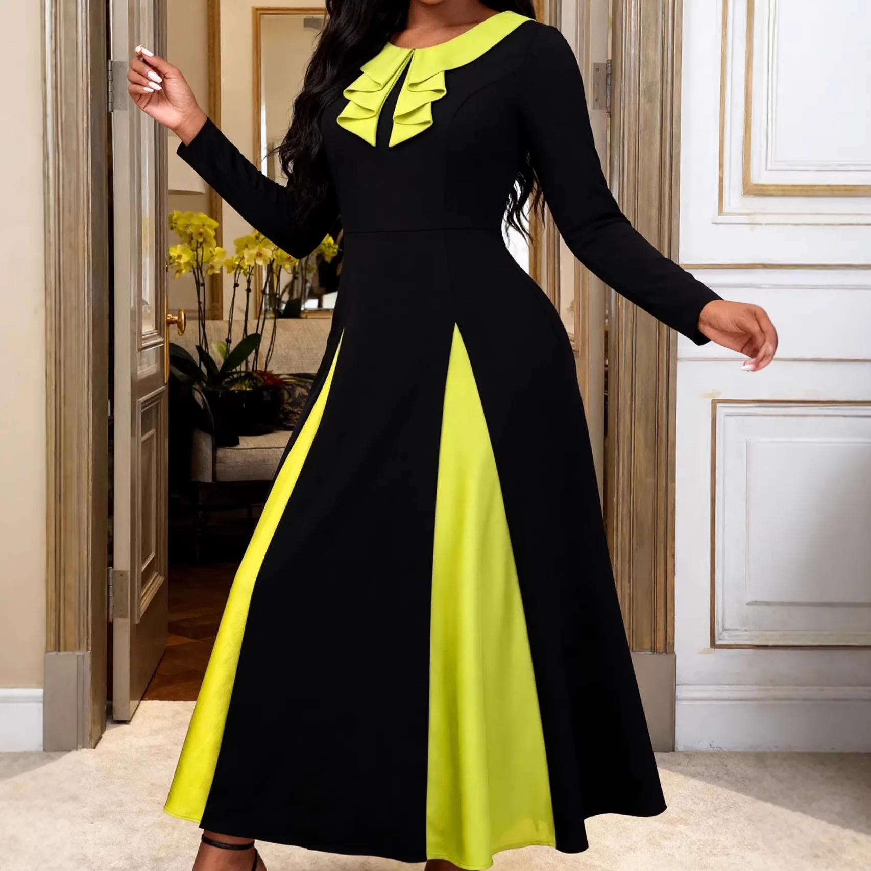 Women Spliced Dresses A Line Ruffled Dress Ankle Lenth Long Sleeves Waist Cinch Slim Fit Office Lady Casual Elegant 2026 Spring
Women Spliced Dresses A Line Ruffled Dress Ankle Lenth Long Sleeves Waist Cinch Slim Fit Office Lady Casual Elegant 2026 Spring
