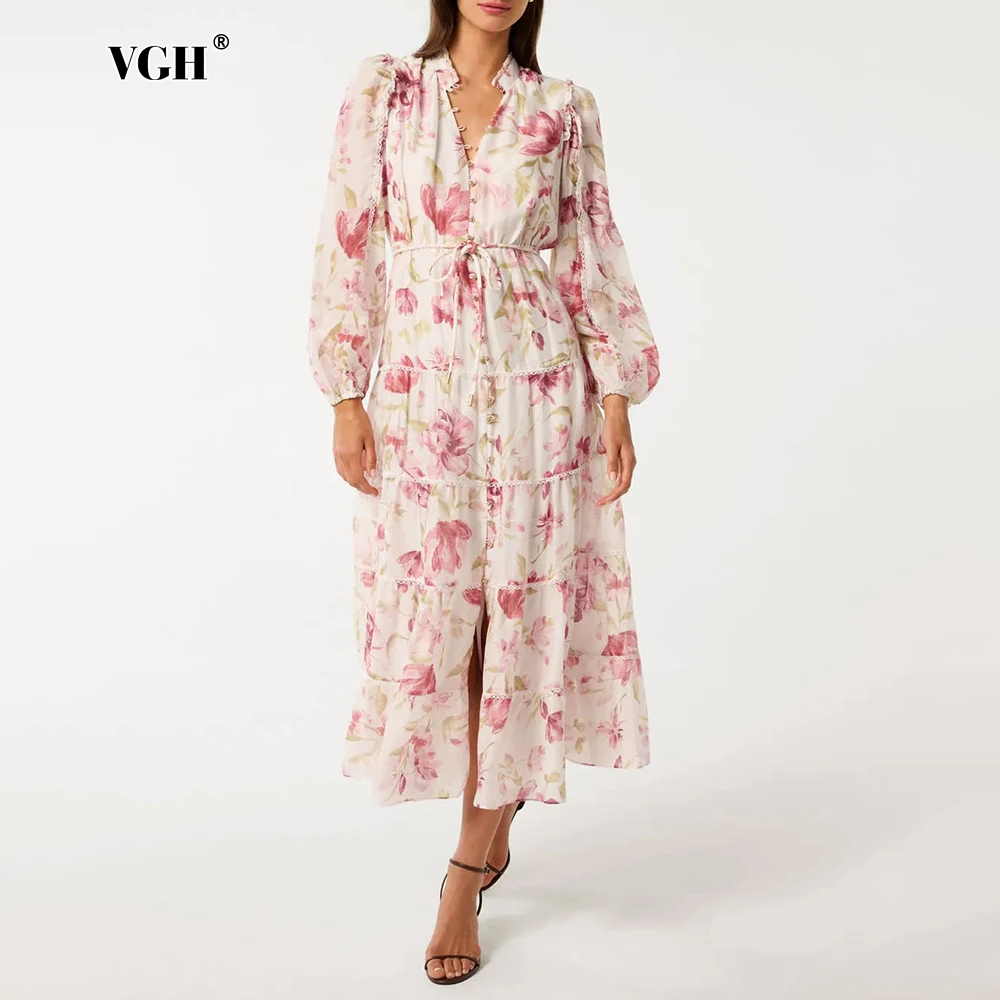 VGH Flower Print Long Spliced Button Dress for Women V Neck Long Sleeve High Waist Patchwork Lace Up Temperament Dresses Female
VGH Flower Print Long Spliced Button Dress for Women V Neck Long Sleeve High Waist Patchwork Lace Up Temperament Dresses Female