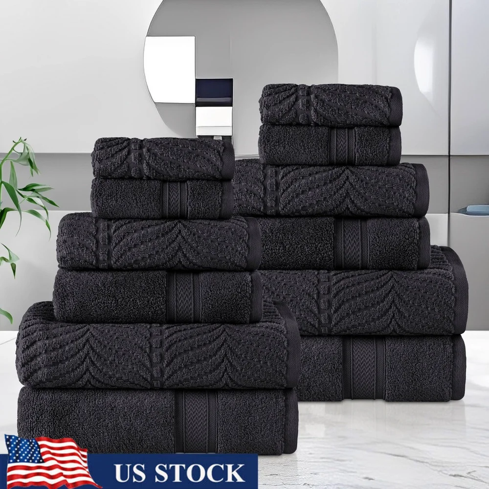 12-Piece Zero Twist Cotton Towel Set Quick Dry Plush Absorbent Hanging Loop Bath Hand Washcloths Chevron Design Black
12-Piece Zero Twist Cotton Towel Set Quick Dry Plush Absorbent Hanging Loop Bath Hand Washcloths Chevron Design Black
