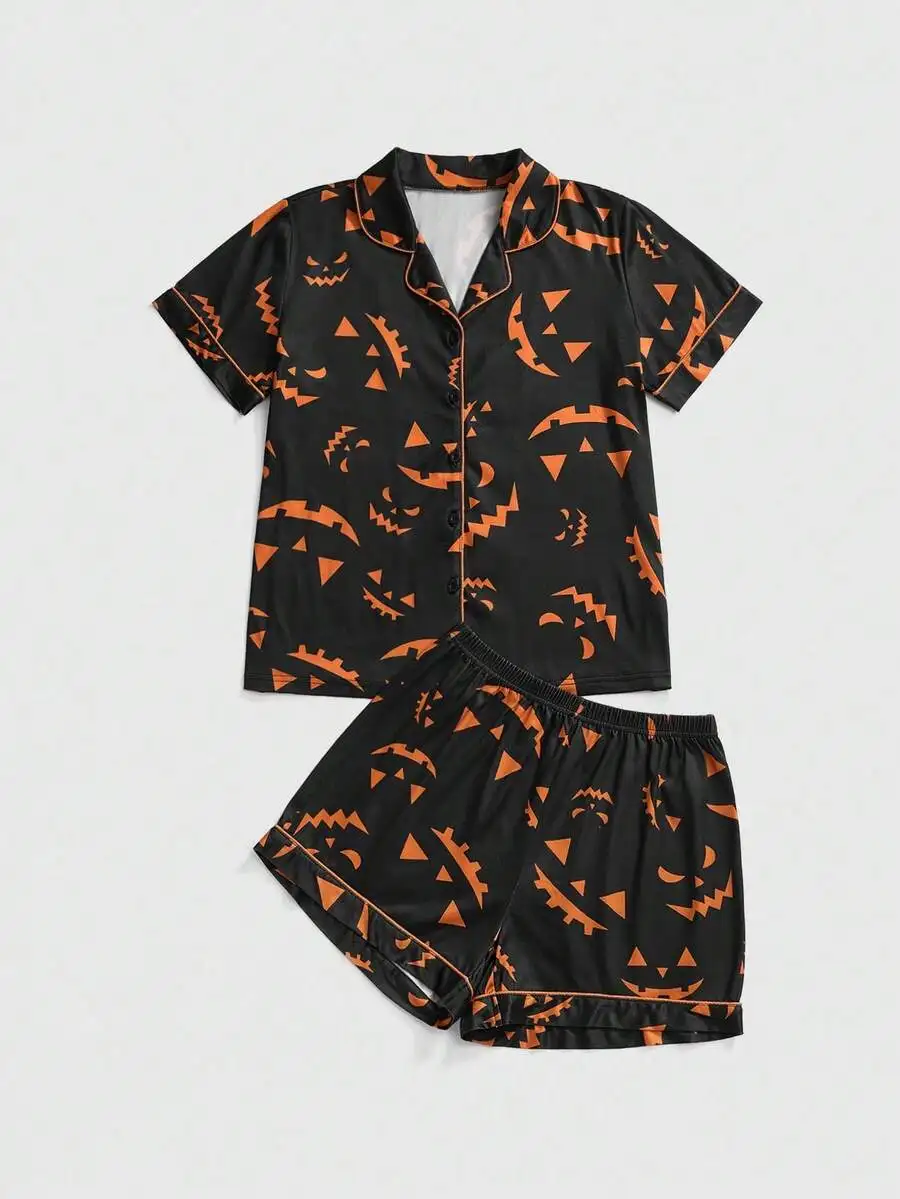 Halloween Pumpkin Print Short Sleeve Pajama Set With Turn-Down Collar
Halloween Pumpkin Print Short Sleeve Pajama Set With Turn-Down Collar