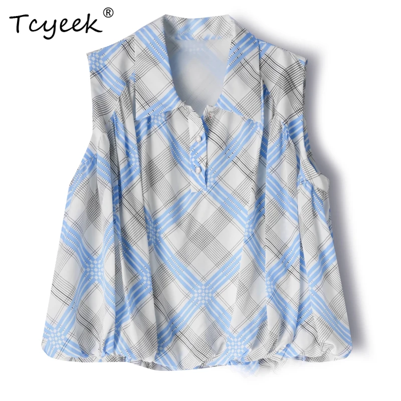 Tcyeek 100% Real Mulberry Silk Summer Thin Blue Sleeveless POLO Collar Checkered Flower Bud Women's T-shirt Футболки Женскиe
Tcyeek 100% Real Mulberry Silk Summer Thin Blue Sleeveless POLO Collar Checkered Flower Bud Women's T-shirt Футболки Женскиe