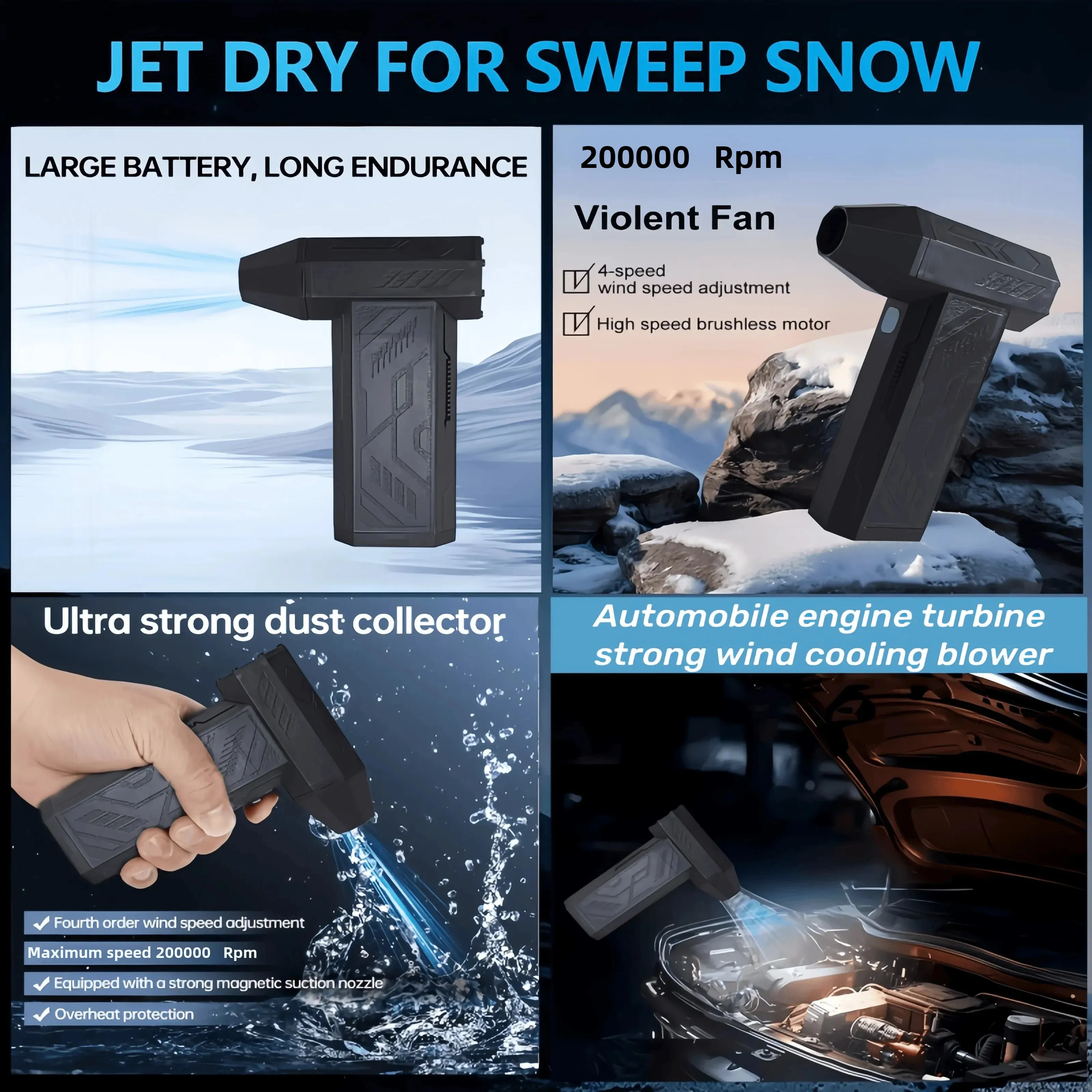 JKUOO Winter Snow Removal Blower Vacuum Cleaner 200000 RPM Powerful Type-C Charging Brushless Fan with Strong Wind 53m/s
JKUOO Winter Snow Removal Blower Vacuum Cleaner 200000 RPM Powerful Type-C Charging Brushless Fan with Strong Wind 53m/s
