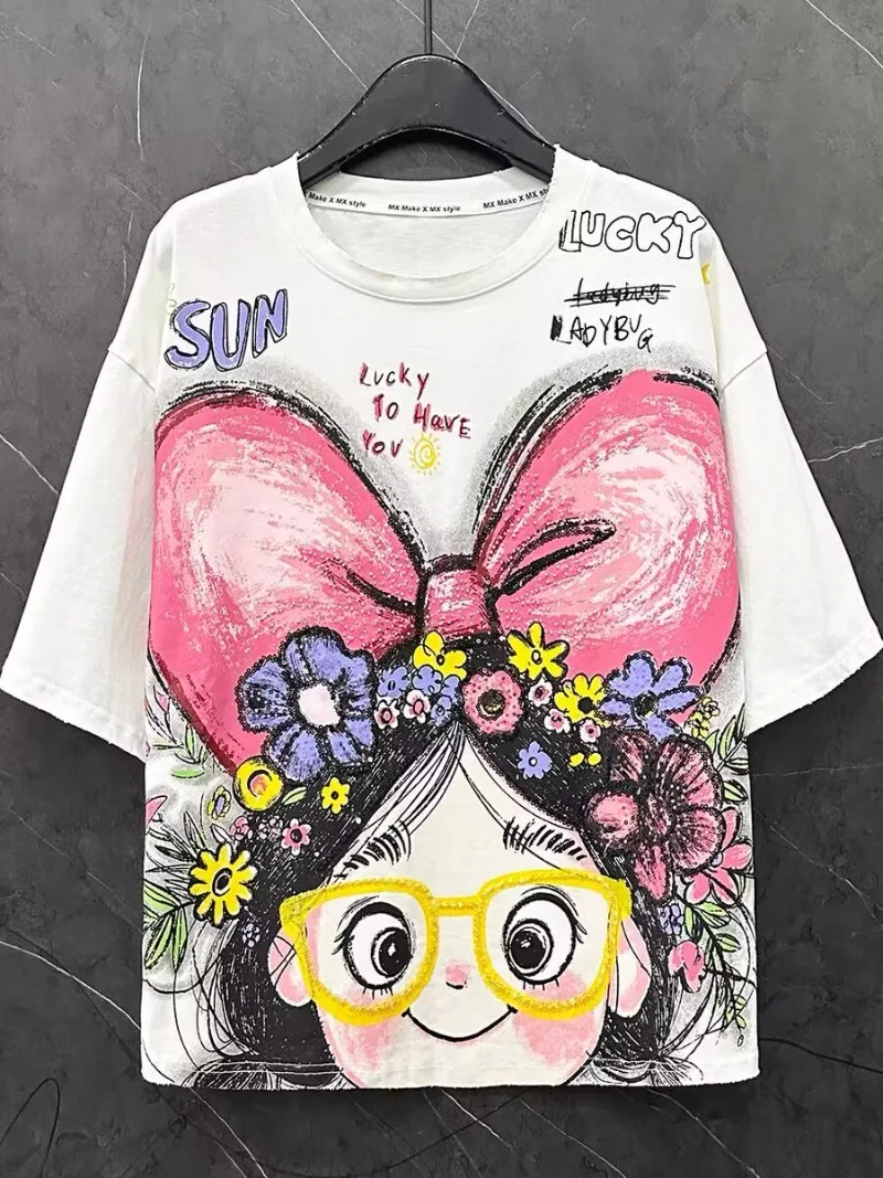 Kawaii 100% Cotton White Summer New Cartoon Little Girl Bow Print Short Sleeved T Shirt Women Loose Casual Sweet Style Kpop Tops
Kawaii 100% Cotton White Summer New Cartoon Little Girl Bow Print Short Sleeved T Shirt Women Loose Casual Sweet Style Kpop Tops