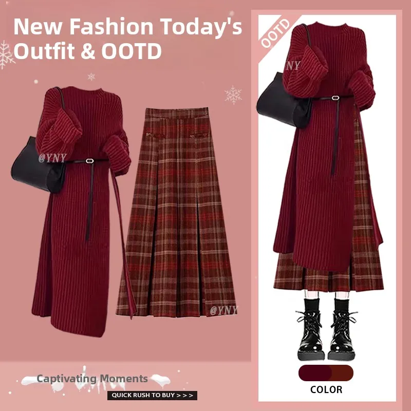 Red Knitted Sweater Coat And Plaid Skirt Two-Piece Set for Women New Autumn Winter Fashion Ensemble Chinese New Year Outfit
Red Knitted Sweater Coat And Plaid Skirt Two-Piece Set for Women New Autumn Winter Fashion Ensemble Chinese New Year Outfit
