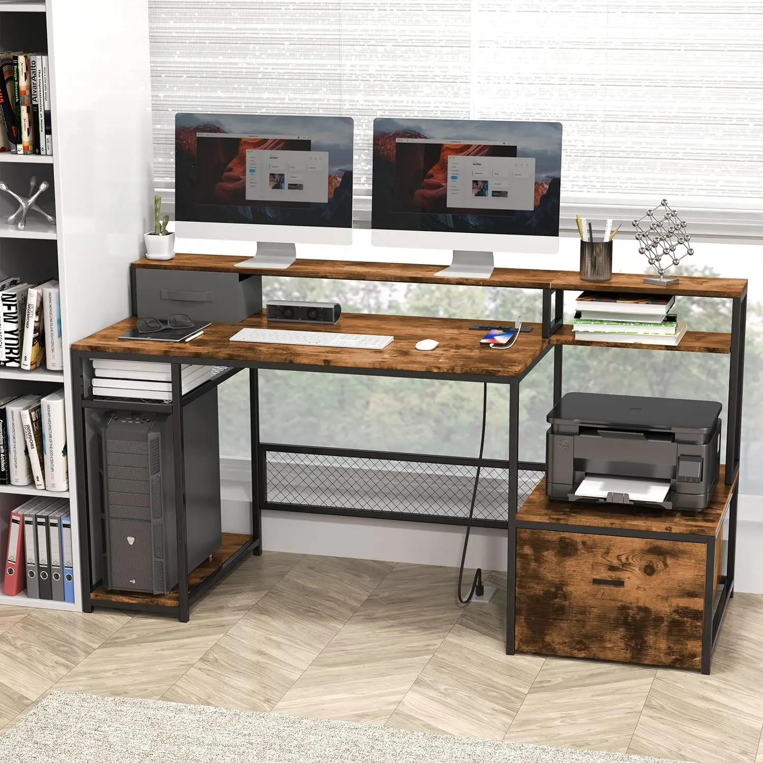 Home Office Desk With Monitor Stand Shelf, 66 Inch Large Computer Desk With Power Outlet And USB Charging Port, Table Wit
Home Office Desk With Monitor Stand Shelf, 66 Inch Large Computer Desk With Power Outlet And USB Charging Port, Table Wit