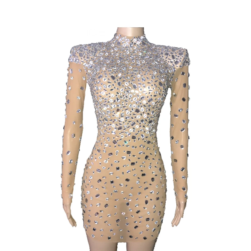 Rhinestone Sexy Bright Silver Long Sleeves Dress Stretch Transparent Birthday Evening Clothing
Rhinestone Sexy Bright Silver Long Sleeves Dress Stretch Transparent Birthday Evening Clothing