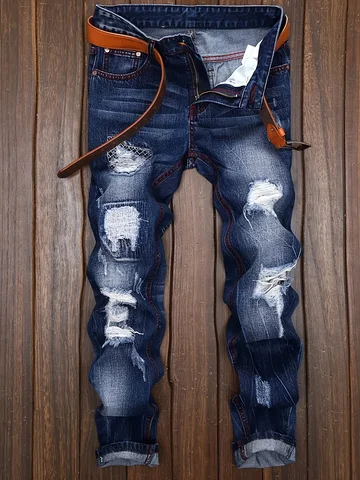 Jean droit déchiré pour hommes pour hommes à la mode, pantalon de moto ancien