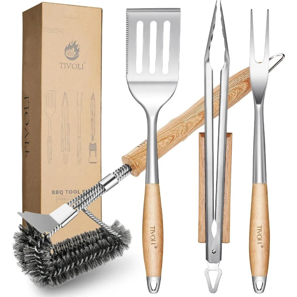 TIVOLI 4PCS Grilling Accessories, Heavy Duty BBQ Tool Set with Stainless Steel Spatula, Tongs, Fork, Cleaning Brush, Wood Handle
TIVOLI 4PCS Grilling Accessories, Heavy Duty BBQ Tool Set with Stainless Steel Spatula, Tongs, Fork, Cleaning Brush, Wood Handle