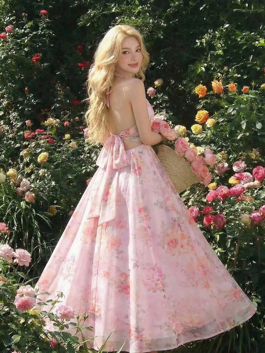Womens Deep V Halter Backless Floral Print Pink Dress For Prom Party Wedding Guest
Womens Deep V Halter Backless Floral Print Pink Dress For Prom Party Wedding Guest