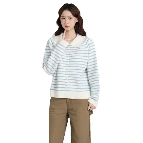 Korean Style Lapel Striped Long Sleeved Knitted Cardigan Jacket for Women, Autumn and Winter Thick Sweater Outer Top