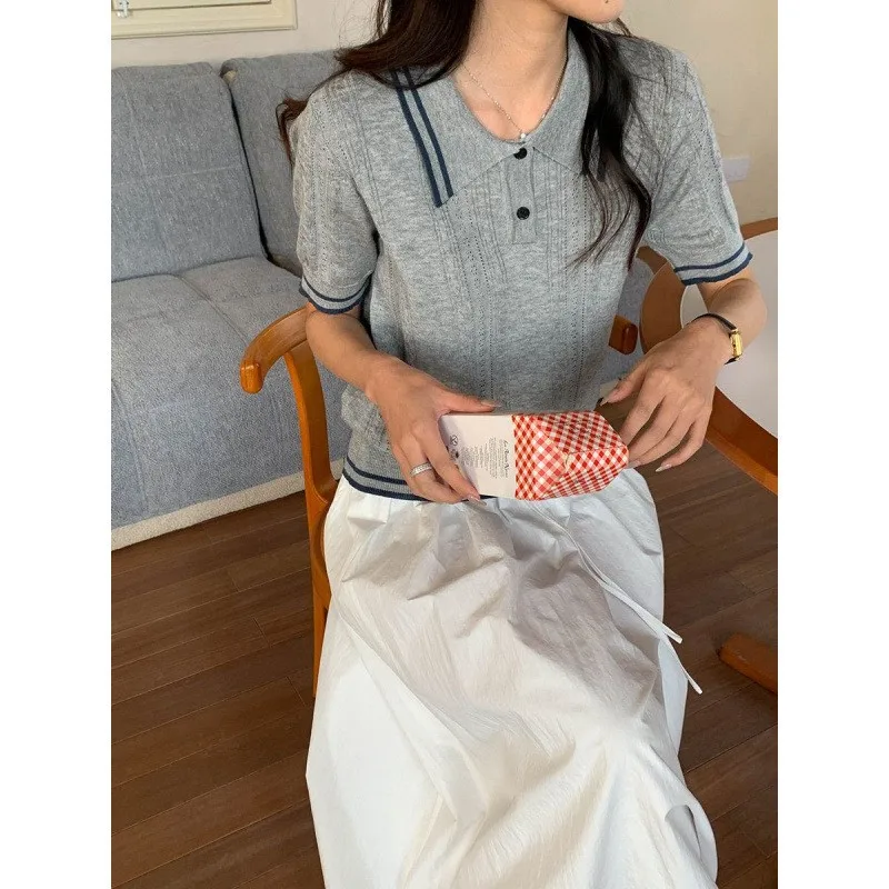 Comfortable Casual Summer New Style Korean Color Block College Style Quiet Collar Short Sleeve Knitted Sweater
Comfortable Casual Summer New Style Korean Color Block College Style Quiet Collar Short Sleeve Knitted Sweater