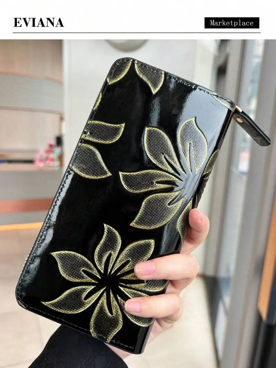 Black Patent Leather Long Wallet with Gold Embossed Floral Pattern, Zip Closure, Card Slots & Coin Pocket
Black Patent Leather Long Wallet with Gold Embossed Floral Pattern, Zip Closure, Card Slots & Coin Pocket