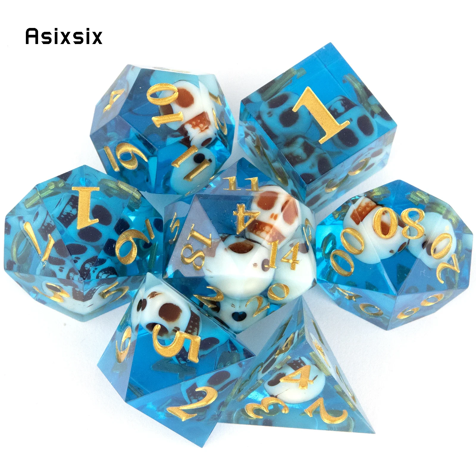 7 Pcs Blue Skull Resin Golden Number Sharp Edge Dice Polyhedral Dice Suitable for Role-Playing RPG Board Game Card Game
7 Pcs Blue Skull Resin Golden Number Sharp Edge Dice Polyhedral Dice Suitable for Role-Playing RPG Board Game Card Game