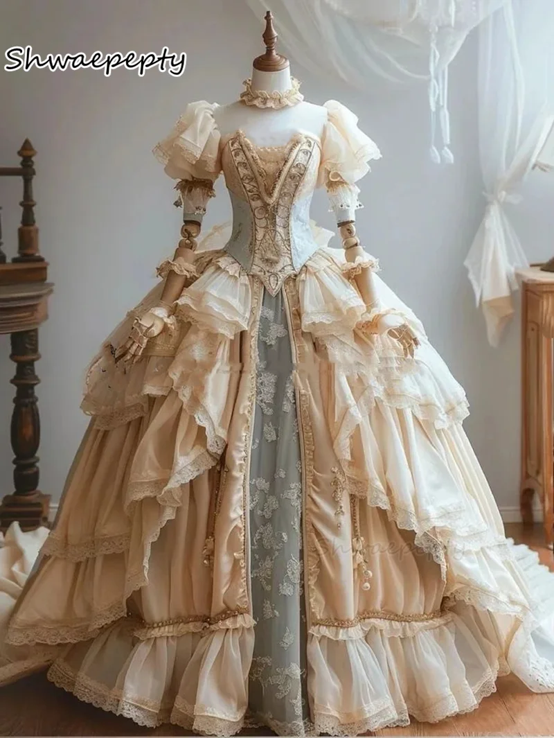 Vintage Victorian Wedding Dresses With Short Sleeves Princess Bridal Gowns Champagne And Silver Ruffle Robe De Mariée Customized
Vintage Victorian Wedding Dresses With Short Sleeves Princess Bridal Gowns Champagne And Silver Ruffle Robe De Mariée Customized