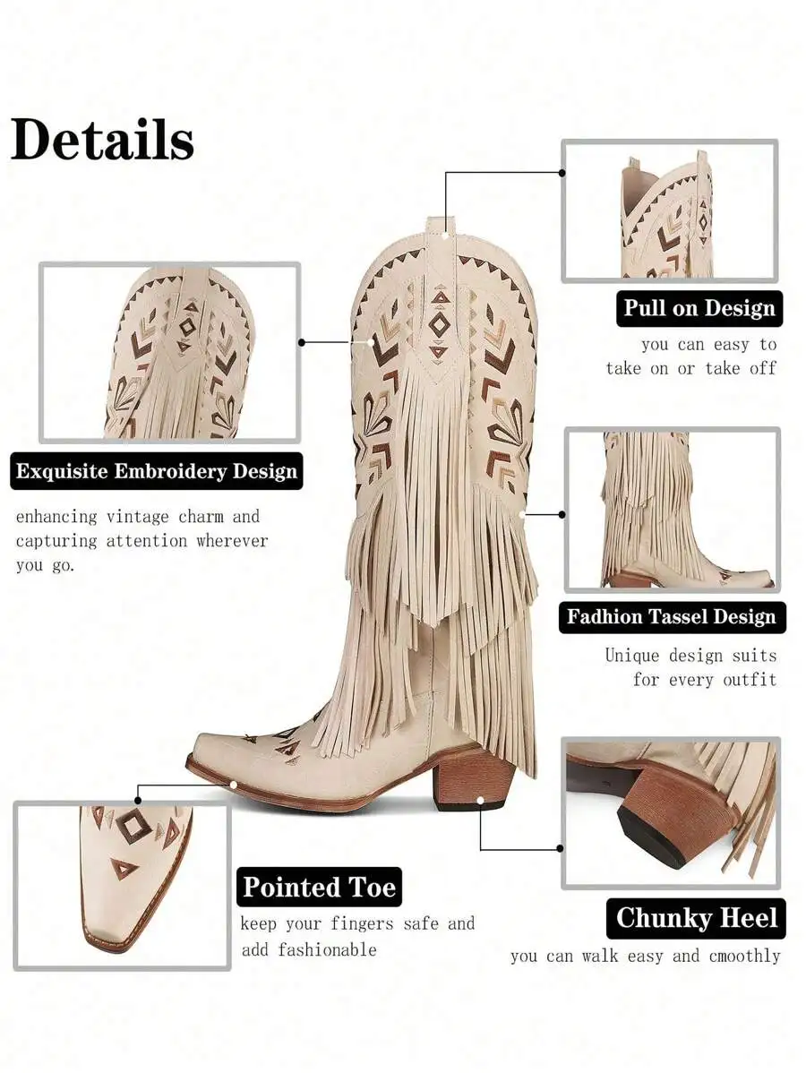 Beige Western Boots With Fringe Tassel Chunky Block Heel Slip On Pointed Toe Mid Calf For Women
Beige Western Boots With Fringe Tassel Chunky Block Heel Slip On Pointed Toe Mid Calf For Women