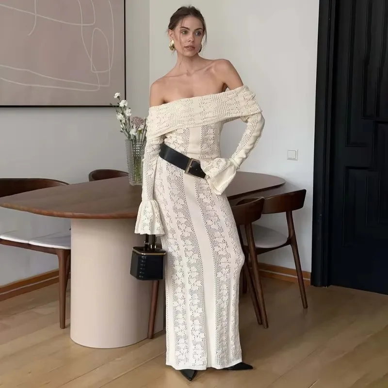 Tuularose Hollow Knitting Flared Sleeves Long Dress Women's Long Sleeves One-Length Shoulder Dress Female Fashion Elegant Dress
Tuularose Hollow Knitting Flared Sleeves Long Dress Women's Long Sleeves One-Length Shoulder Dress Female Fashion Elegant Dress