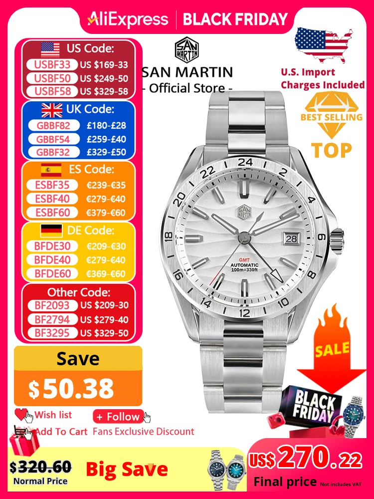 San Martin, новинка 39 мм, текстура пустыни, роскошные мужские деловые часы GMT, автоматические механические водонепроницаемые часы 100 м, светящиеся SN0129
San Martin, новинка 39 мм, текстура пустыни, роскошные мужские деловые часы GMT, автоматические механические водонепроницаемые часы 100 м, светящиеся SN0129