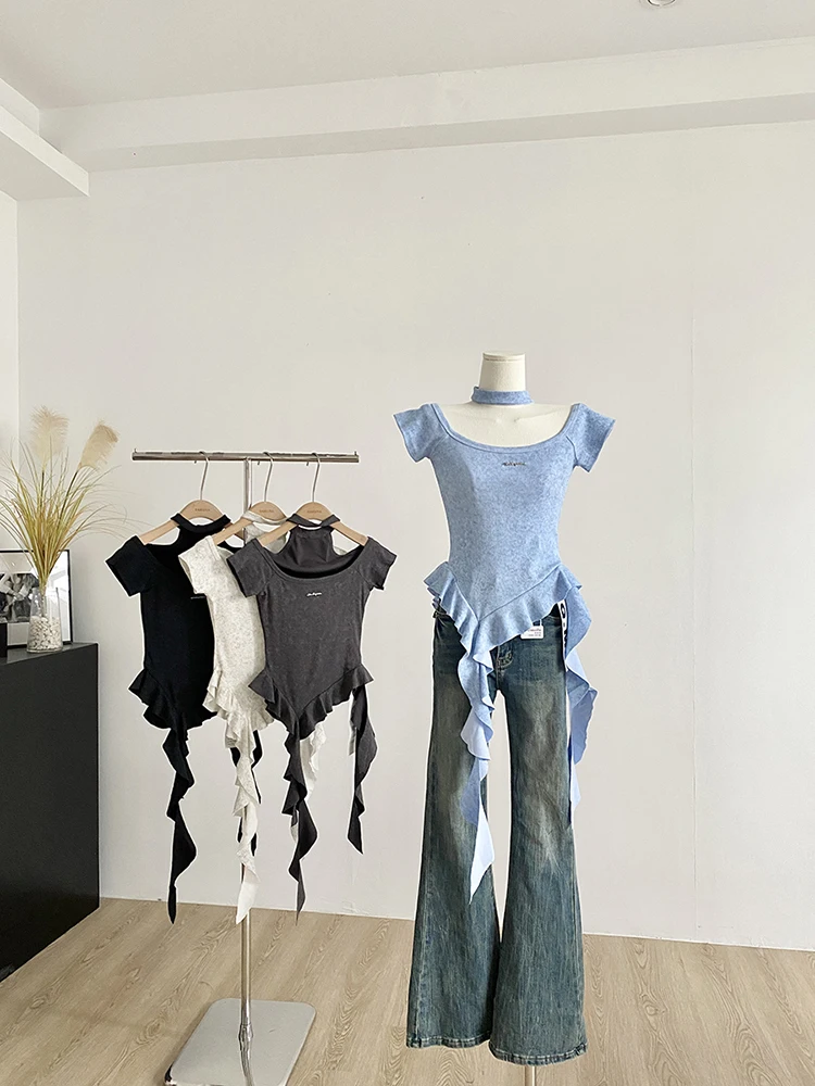Summer new Korean version versatile top Irregular ruffled square neck collarbone exposed short sleeved T-shirt for women
Summer new Korean version versatile top Irregular ruffled square neck collarbone exposed short sleeved T-shirt for women
