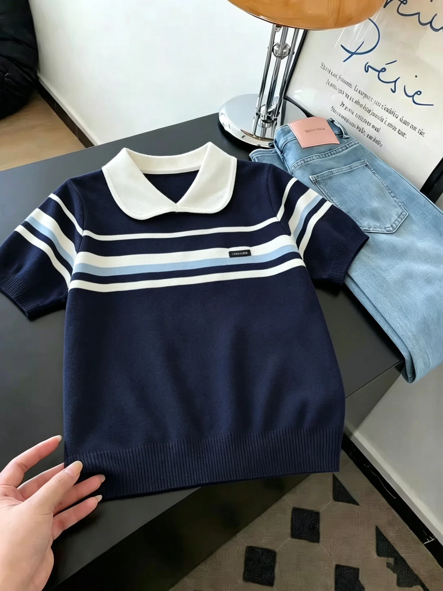 Anti-Aging Knitted Short Sleeve Doll Collar Striped Color Block Casual Loose Fit Women's plus Size Knitwear Summer Top
Anti-Aging Knitted Short Sleeve Doll Collar Striped Color Block Casual Loose Fit Women's plus Size Knitwear Summer Top