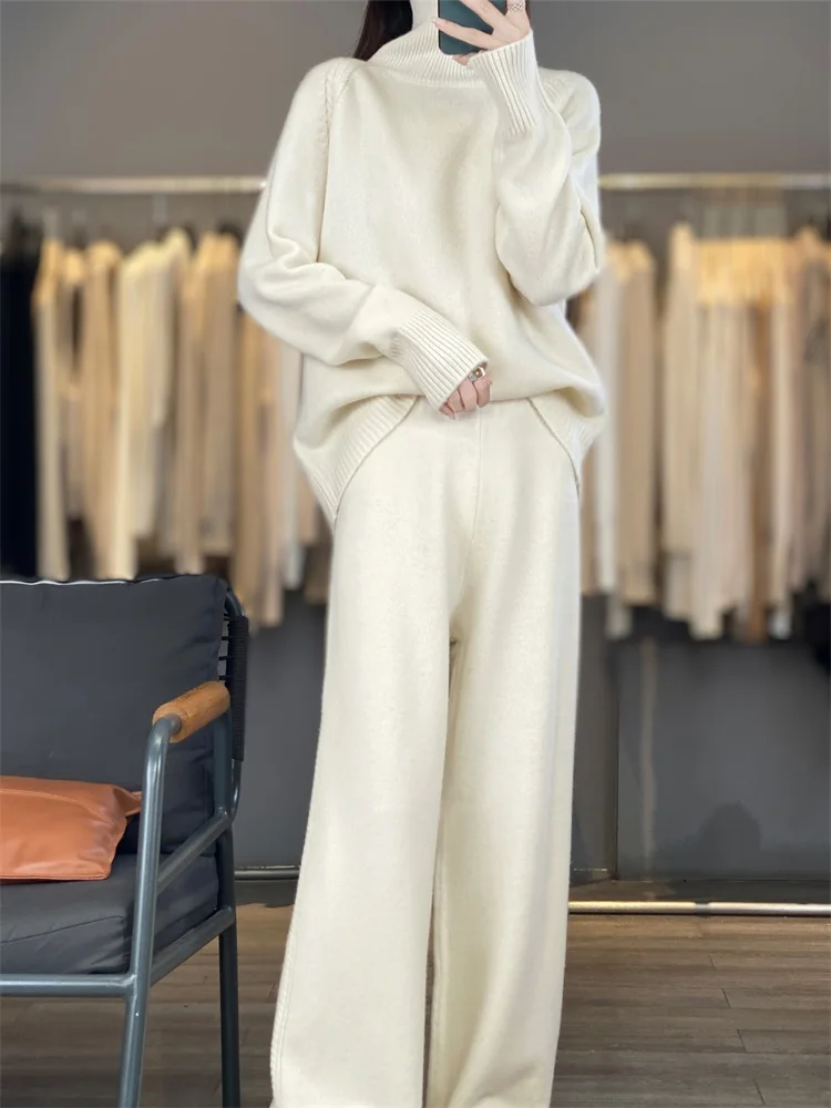 Women's matching set 100% Merino wool high neck solid color sweater casual knitted pants 2-piece set loose women's clothing
Women's matching set 100% Merino wool high neck solid color sweater casual knitted pants 2-piece set loose women's clothing