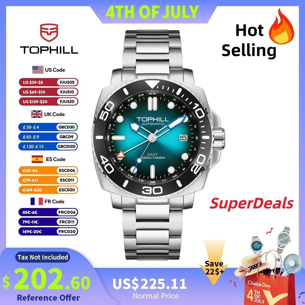 TOPHILL 43mm NH34 GMT Men Watch Automatic Mechanical Wristwatch 300M Dive Sapphire Ceramic Bezel Luxury Luminous 3H Date TD012G
TOPHILL 43mm NH34 GMT Men Watch Automatic Mechanical Wristwatch 300M Dive Sapphire Ceramic Bezel Luxury Luminous 3H Date TD012G