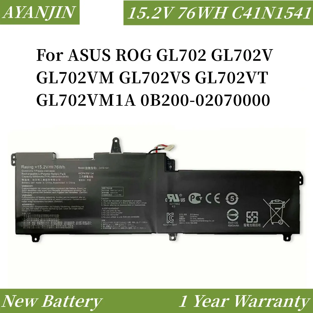 C41N1541 5000mAh Laptop Battery For ASUS ROG GL702 GL702V GL702VM GL702VS GL702VT GL702VM1A 0B200-02070000 15.2V 76WH
C41N1541 5000mAh Laptop Battery For ASUS ROG GL702 GL702V GL702VM GL702VS GL702VT GL702VM1A 0B200-02070000 15.2V 76WH