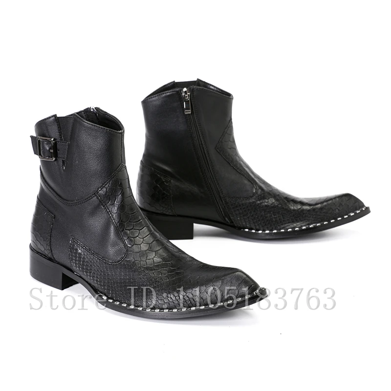 Genuine Leather Snake Print Embossed Men's Ankle Boots, Black Pointed Toe Western Chelsea Boots with Buckle & Zipper
Genuine Leather Snake Print Embossed Men's Ankle Boots, Black Pointed Toe Western Chelsea Boots with Buckle & Zipper