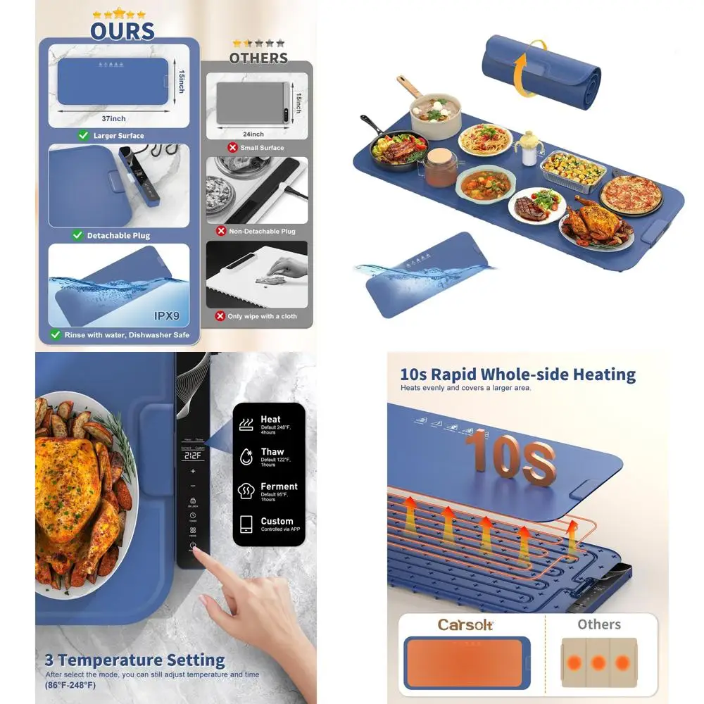 Очень большой электрический коврик для подогрева еды 37x15 с управлением через приложение, регулируемой температурой, 99-часовым таймером, можно мыть в посудомоечной машине, портативный f
Очень большой электрический коврик для подогрева еды 37x15 с управлением через приложение, регулируемой температурой, 99-часовым таймером, можно мыть в посудомоечной машине, портативный f