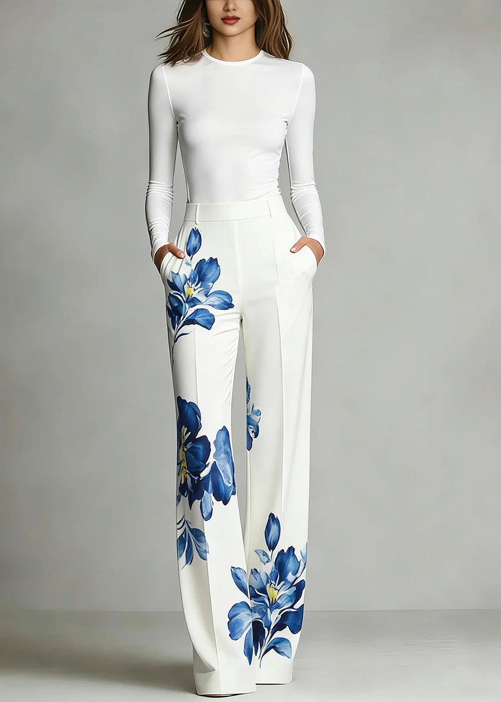 Women's Fashion Elegant 2 Piece Outfit Solid Long Sleeve Top Big Blue Floral High Waist Pocket Wide Leg Pants Set Casual Office
Women's Fashion Elegant 2 Piece Outfit Solid Long Sleeve Top Big Blue Floral High Waist Pocket Wide Leg Pants Set Casual Office